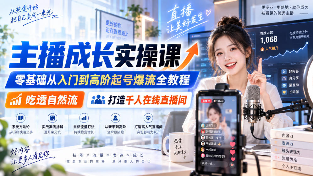 主播成长实操课｜零基础从入门到高阶起号爆流全教程，吃透自然流，打造千人在线直播间-惠声资源站