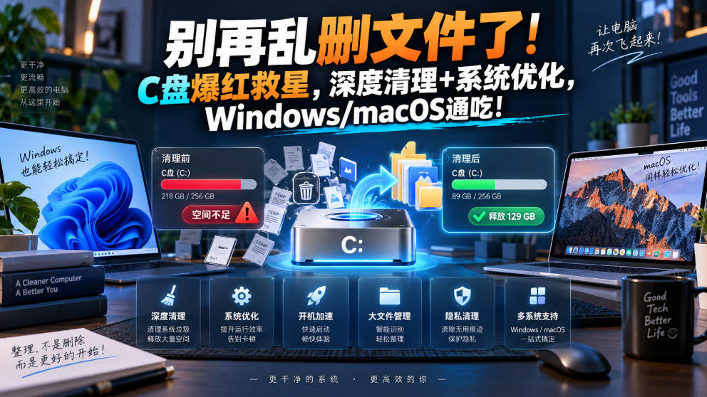 别再乱删文件了！C盘爆红救星，深度清理+系统优化，Windows/macOS通吃！-惠声资源站