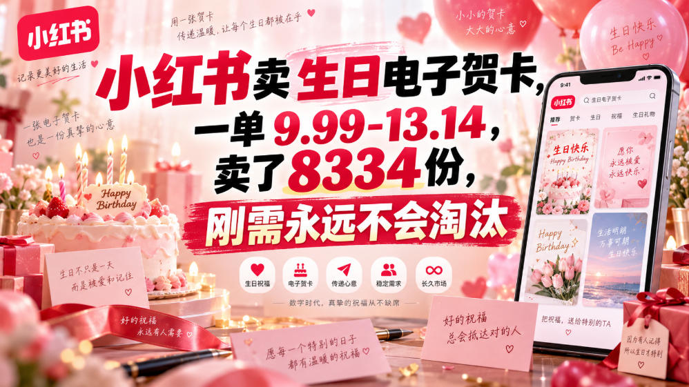 小红书卖生日电子贺卡，一单9.99-13.14，卖了8334份，刚需永远不会淘汰-惠声资源站