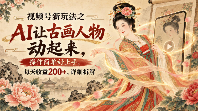 视频号新玩法之AI让古画人物动起来，操作简单好上手，每天收益200+，详细拆解-惠声资源站