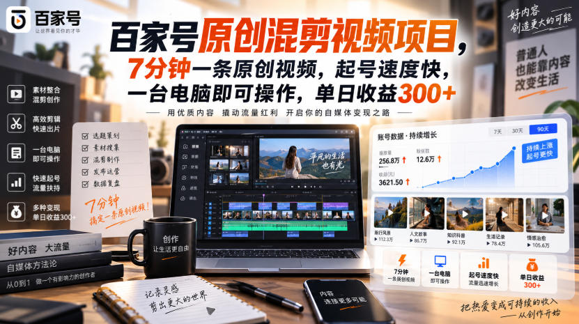 百家号原创混剪视频项目，7分钟一条原创视频，起号速度快，一台电脑即可操作，单日收益300+-惠声资源站