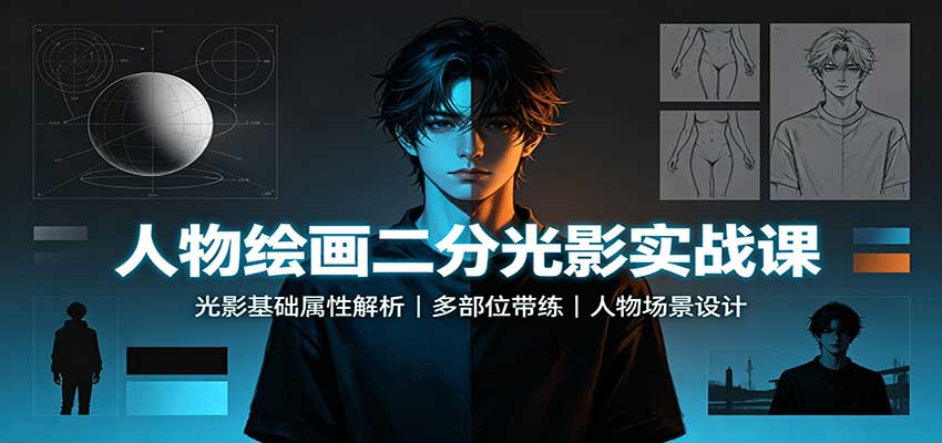 人物绘画二分光影实战课：光影基础属性解析，多部位带练，人物场景设计-惠声资源站