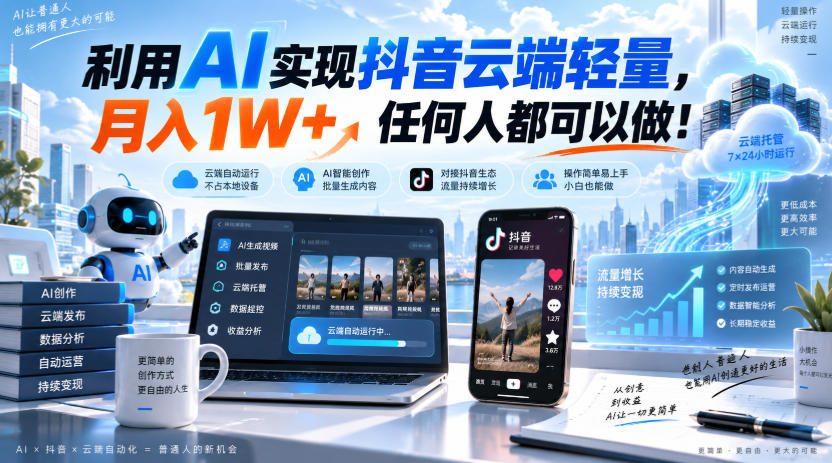利用AI实现抖音云端轻量，月入1W+，任何人都可以做！【揭秘】-惠声资源站