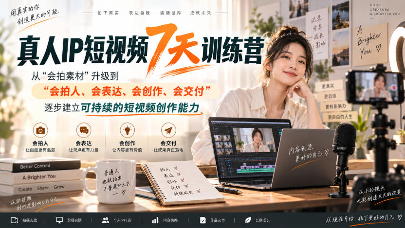 真人IP短视频7天训练营，从“会拍素材”升级到“会拍人、会表达、会创作、会交付”，逐步建立可持续的短视频创作能力-惠声资源站