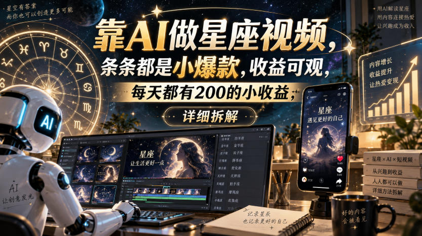 靠AI做星座视频，条条都是小爆款，收益可观，每天都有200的小收益，详细拆解-惠声资源站