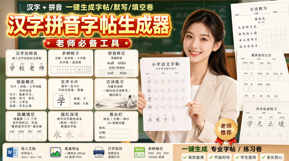 学习神器，汉字拼音字帖生成器，汉字+拼音 一键生成字帖/默写/填空卷，支持词组、成语，老师、家长必备-惠声资源站
