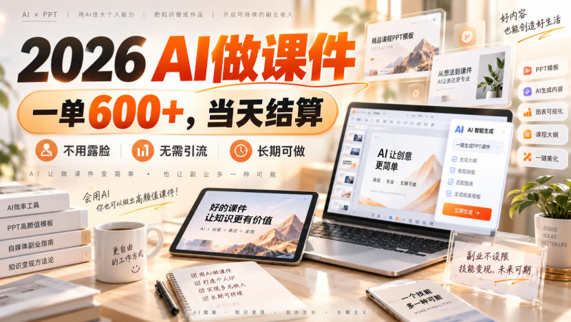 2026 AI做课件，一单600+，当天结算，不用露脸，无需引流，长期可做【揭秘】-惠声资源站