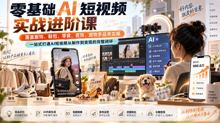 零基础AI短视频实战进阶课，覆盖服饰、鞋包、零食、首饰、宠物多品类实操，一站式打通AI短视频从制作到变现的完整闭环-惠声资源站